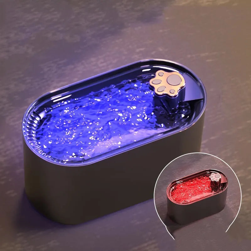 Berlin blue 3L pet water fountain with LED lights and filtration system on wooden floor