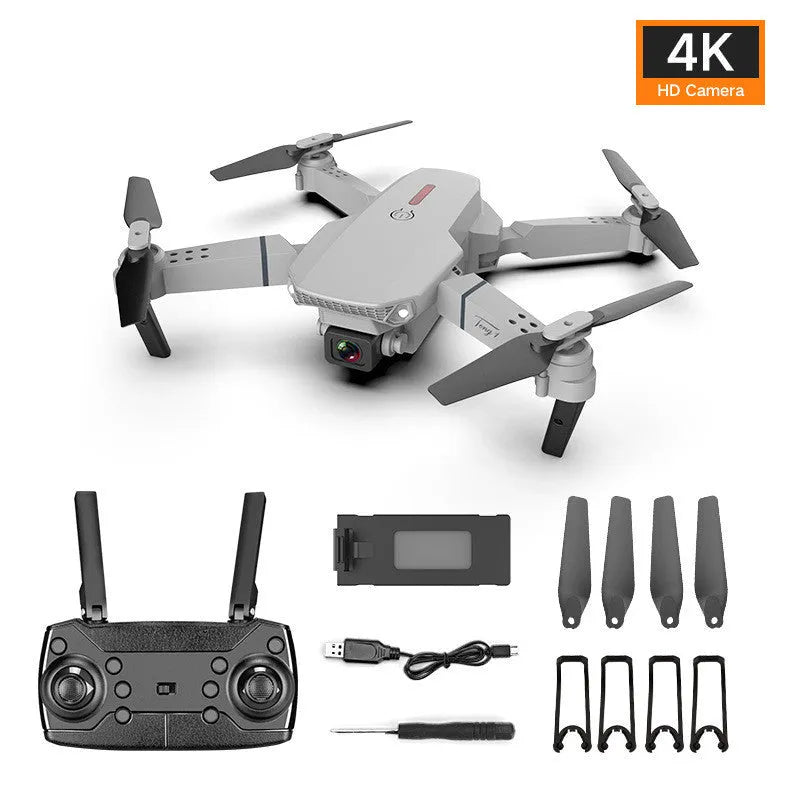 Grey foldable 4K drone with dual camera mounted on ABS body with LED lights