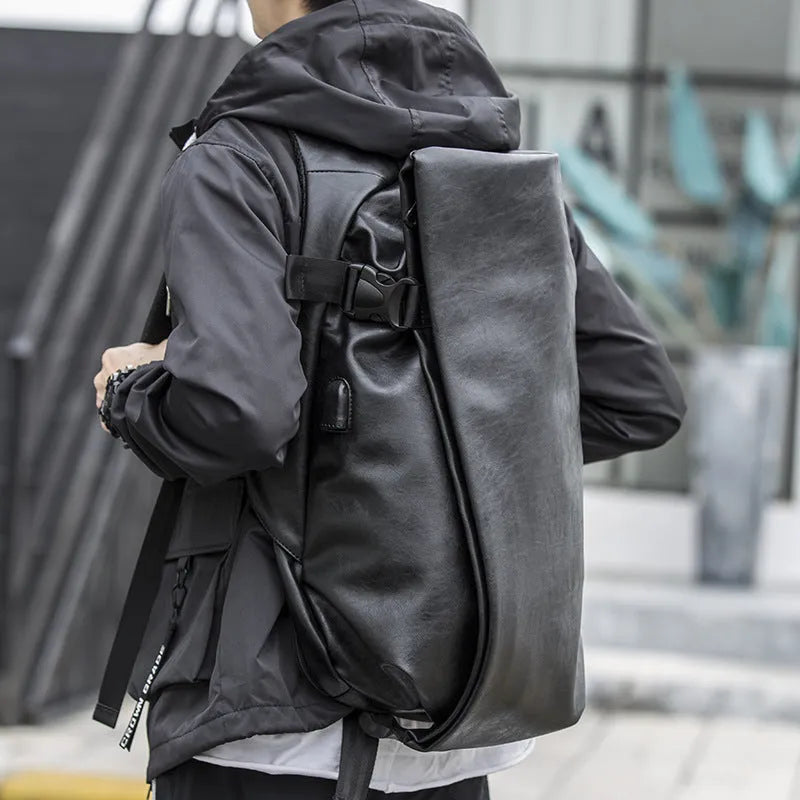 Black PU leather men's shoulder bag with square shape, car suture detail, and double straps
