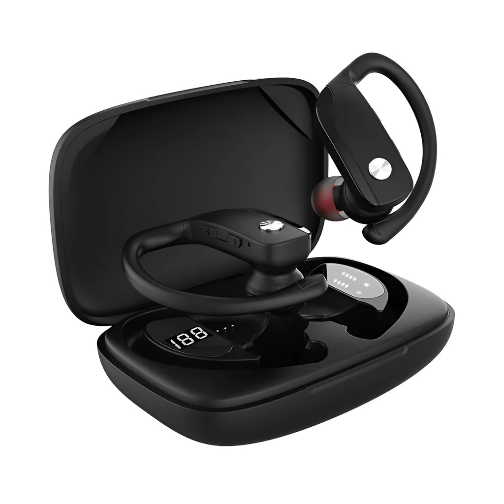 Black wireless Bluetooth headset with LED digital display showing battery and connection status