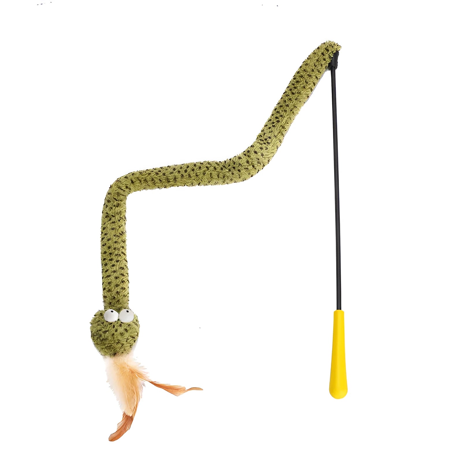 Green cat teasing stick toy with feather lure on 140cm flexible pole for interactive play
