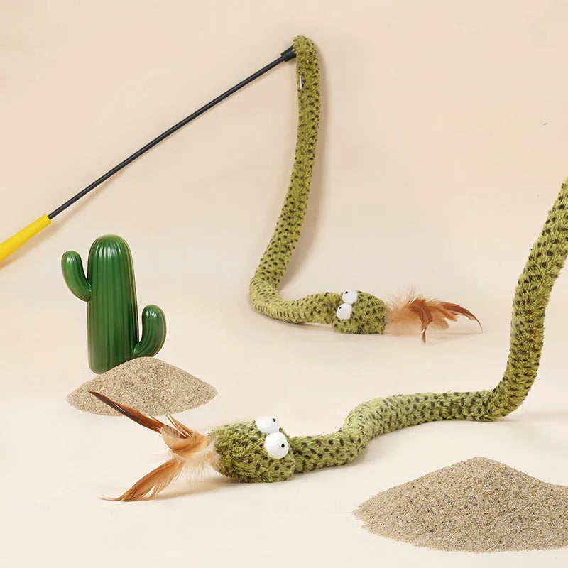 Green cat teasing stick toy with feather lure on 140cm flexible pole for interactive play