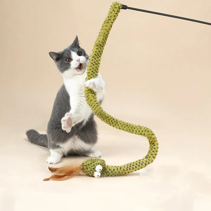 Green cat teasing stick toy with feather lure on 140cm flexible pole for interactive play