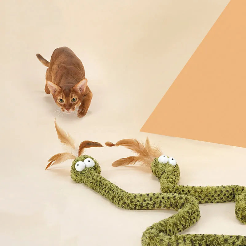 Green cat teasing stick toy with feather lure on 140cm flexible pole for interactive play