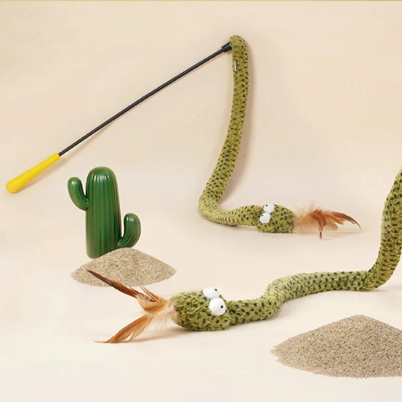 Green cat teasing stick toy with feather lure on 140cm flexible pole for interactive play