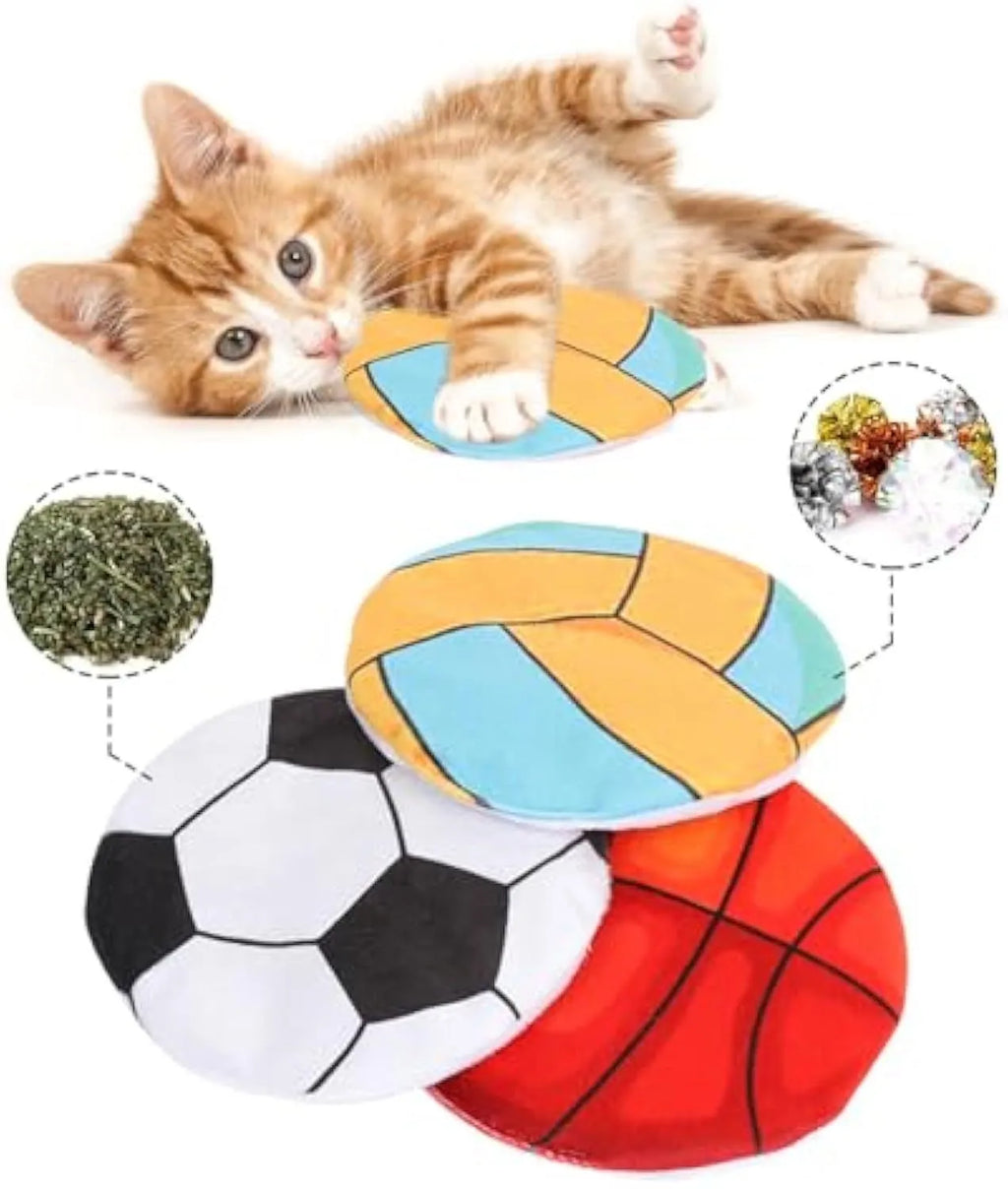 Soft plush cat toy with sports ball pattern, functioning as a flying disc with internal catnip and crinkle sound