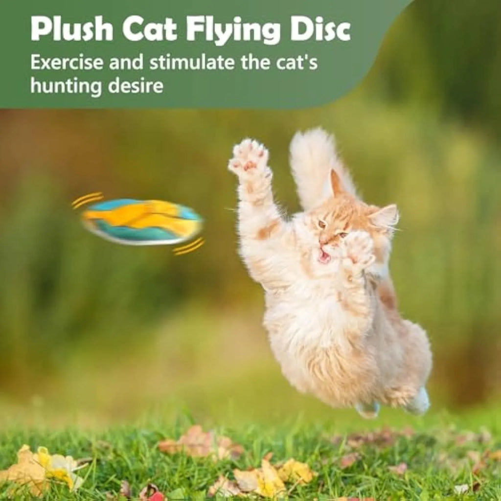 Soft plush cat toy with sports ball pattern, functioning as a flying disc with internal catnip and crinkle sound