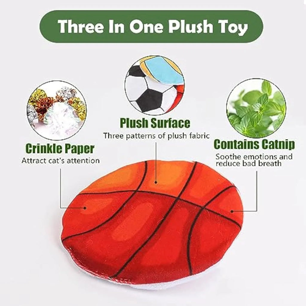 Soft plush cat toy with sports ball pattern, functioning as a flying disc with internal catnip and crinkle sound