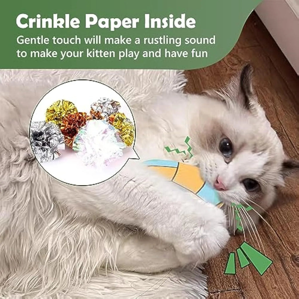 Soft plush cat toy with sports ball pattern, functioning as a flying disc with internal catnip and crinkle sound