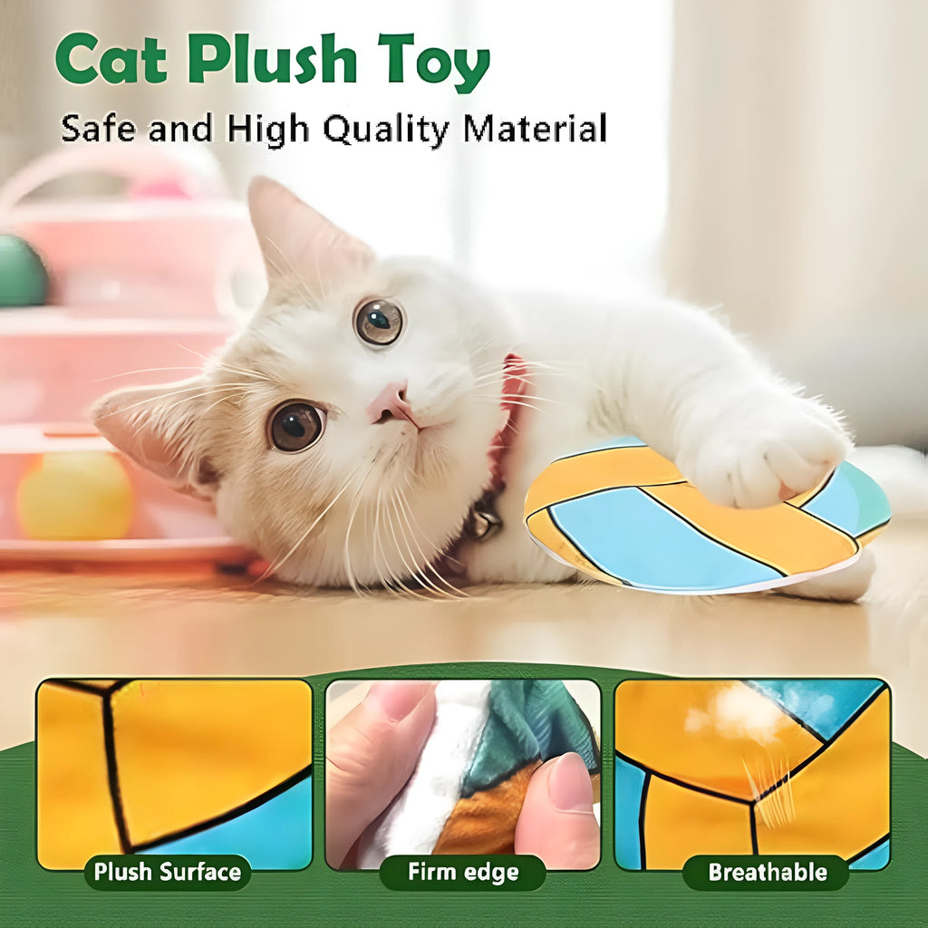 Soft plush cat toy with sports ball pattern, functioning as a flying disc with internal catnip and crinkle sound