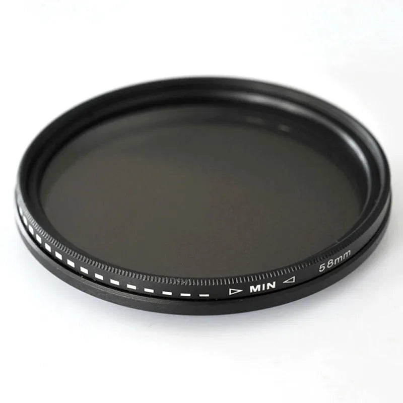 Multi-diameter neutral density camera filter with metal ring and optical glass for exposure control