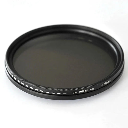 Multi-diameter neutral density camera filter with metal ring and optical glass for exposure control