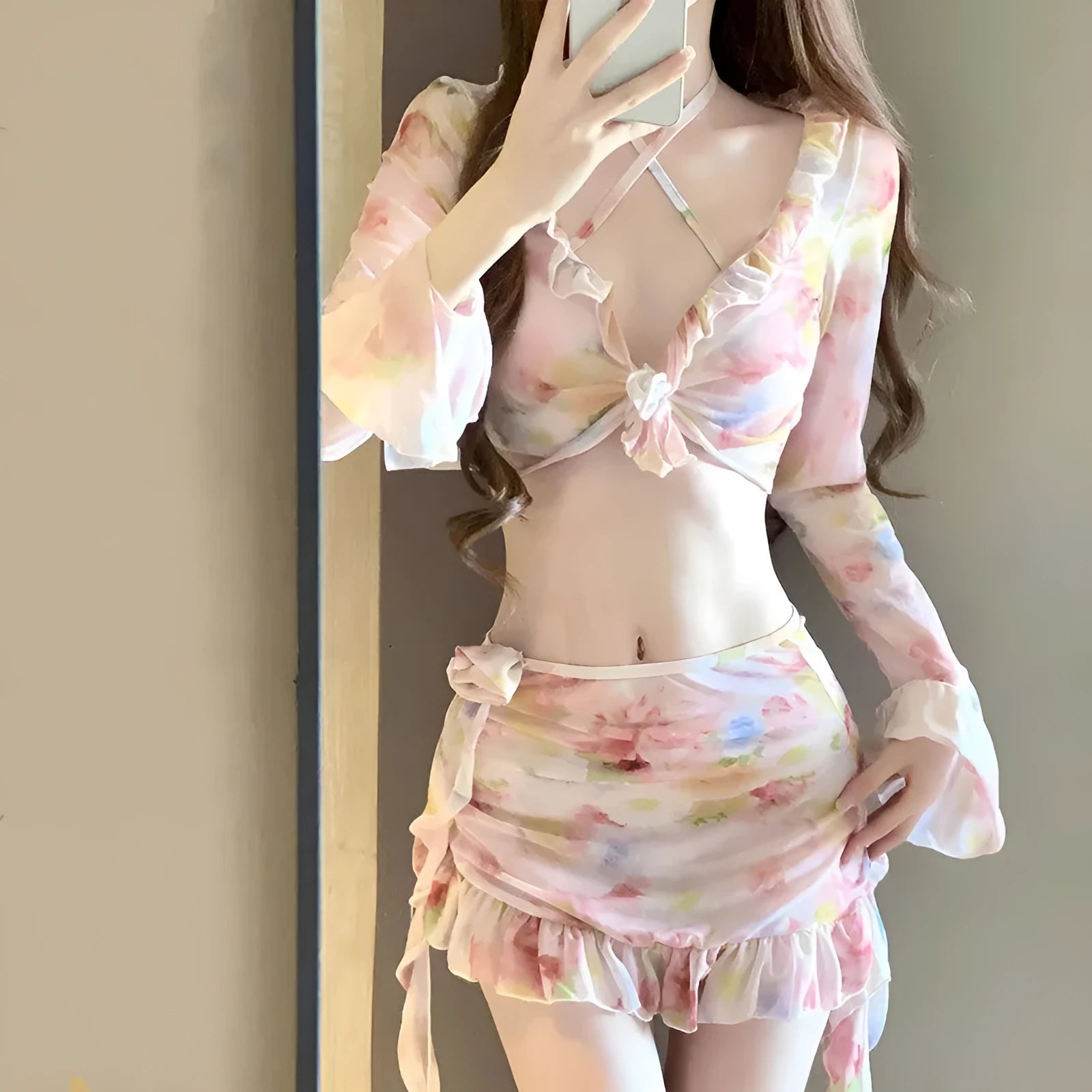 Women's cherry blossom pink floral print bikini swimsuit set on a white background