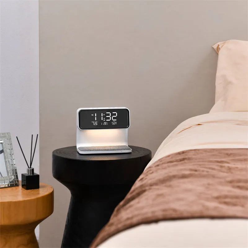 White 3-in-1 bedside lamp with wireless charging pad, LCD clock screen, and touch dimming controls