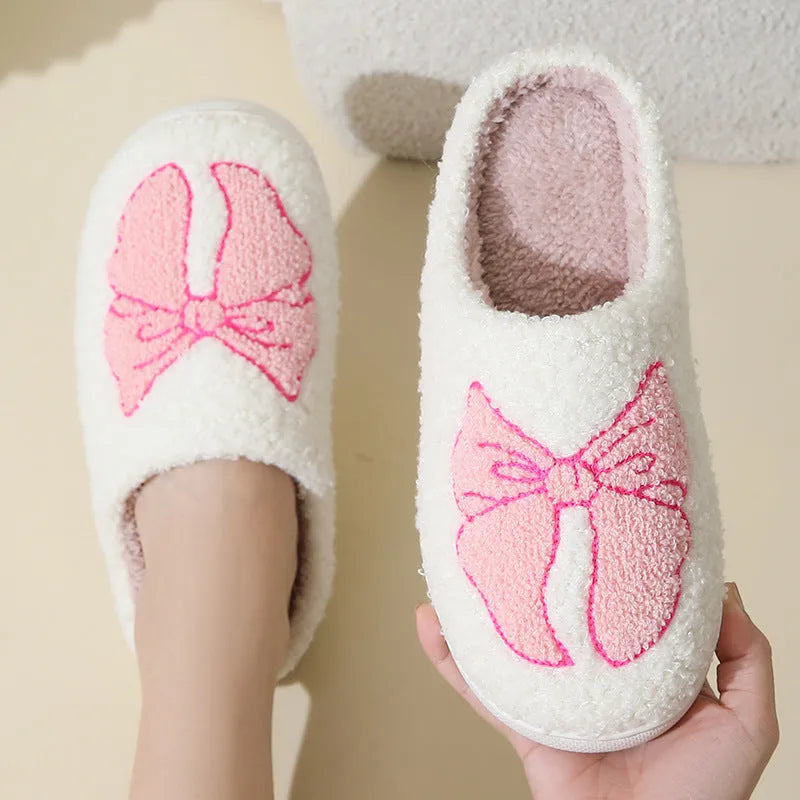 Cartoon bow knot cotton slippers with suede upper and TPR sole in pink or blue colour options