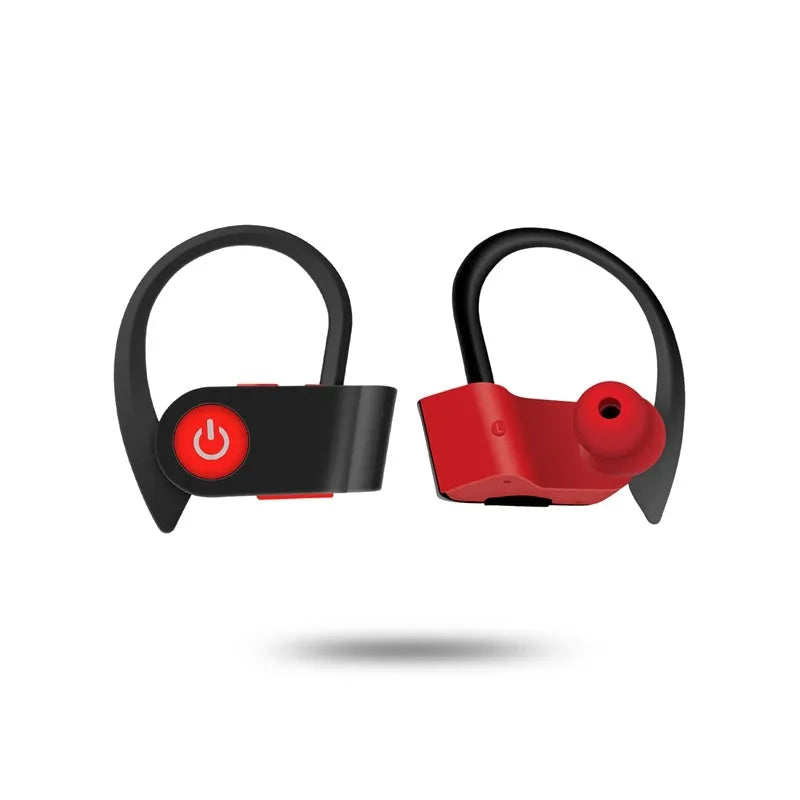Black wireless Bluetooth earphones with ergonomic design and LED charging indicator.