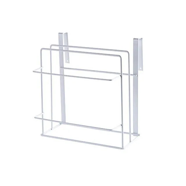 Double layer iron kitchen rack in black or white for hanging towels, chopping boards, and cloths without nails or drilling