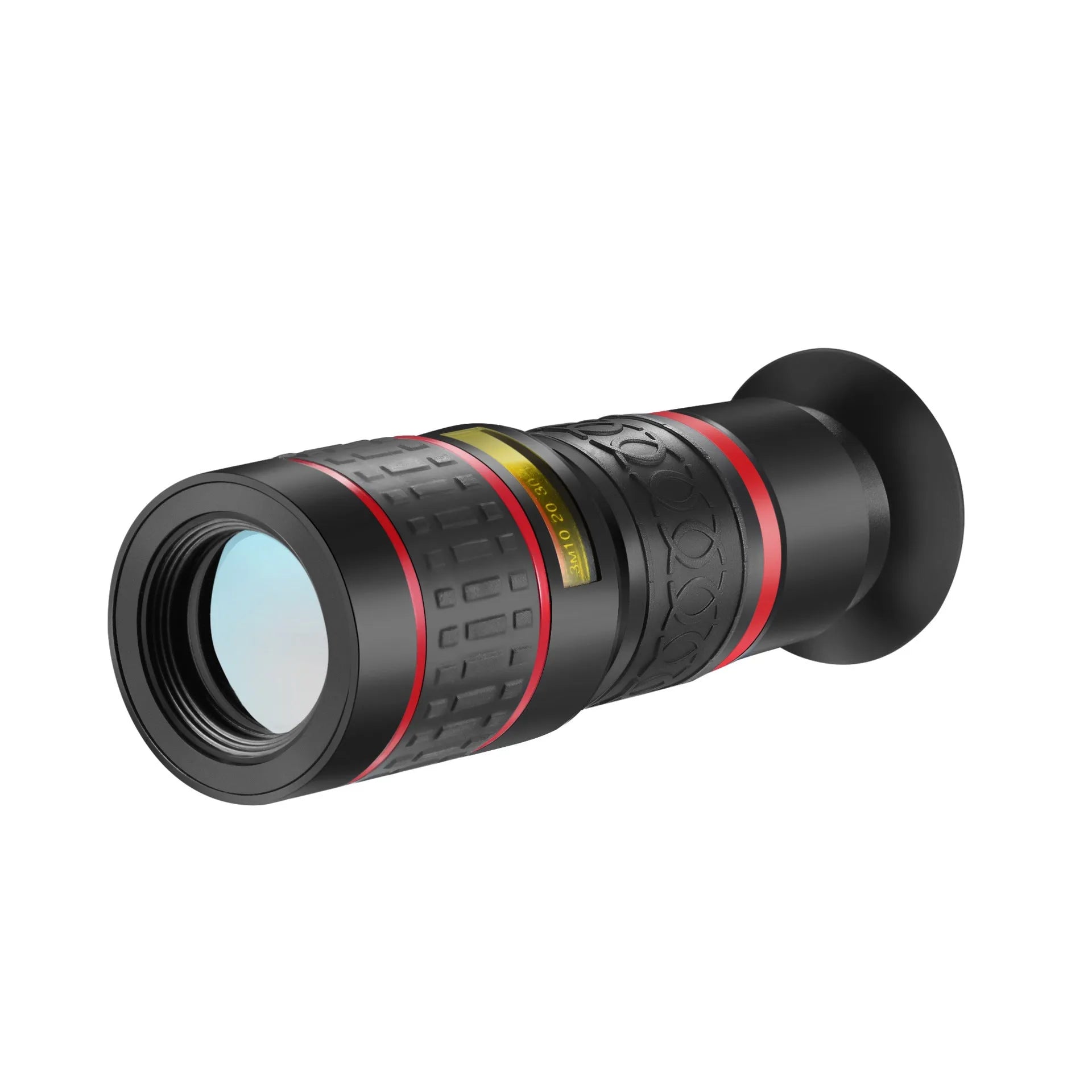 20x magnification smartphone telescope with universal mounting clip and eyepiece mask on a mobile phone.