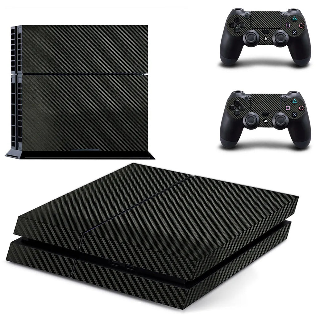 PS4 console with a black carbon fibre texture skin applied, showing close-up of the material texture.