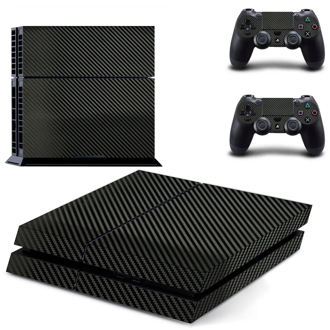PS4 console with a black carbon fibre texture skin applied, showing close-up of the material texture.