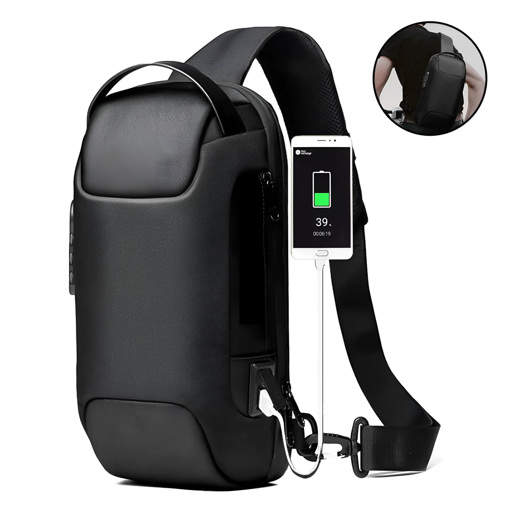 Men's waterproof Oxford crossbody sling bag in black with anti-theft code lock and USB port