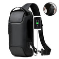 Men's waterproof Oxford crossbody sling bag in black with anti-theft code lock and USB port