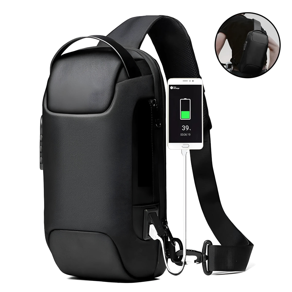 Men's waterproof Oxford crossbody sling bag in black with anti-theft code lock and USB port