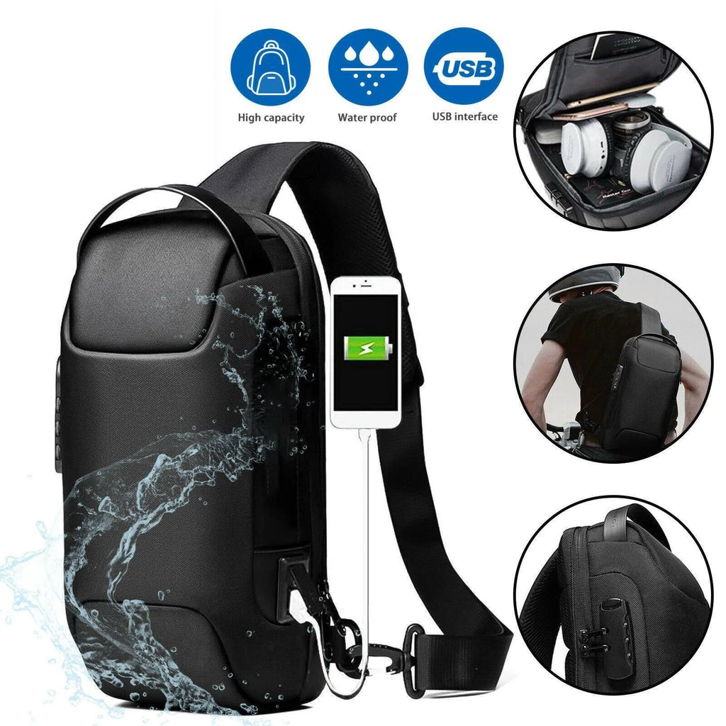 Men's waterproof Oxford crossbody sling bag in black with anti-theft code lock and USB port
