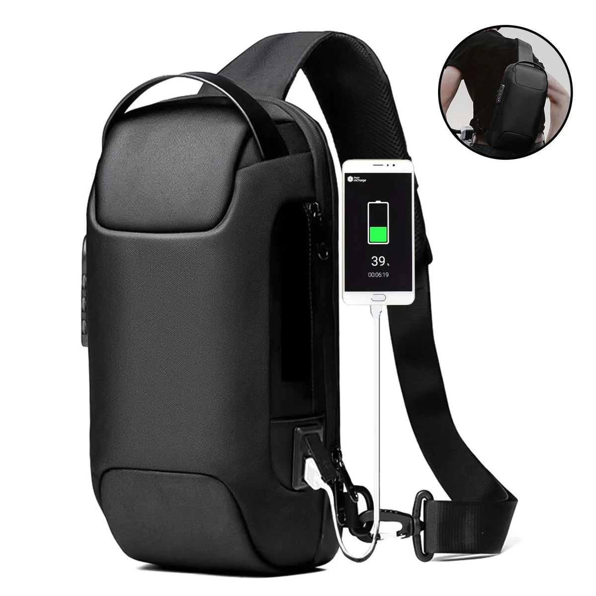Men's waterproof Oxford crossbody sling bag in black with anti-theft code lock and USB port