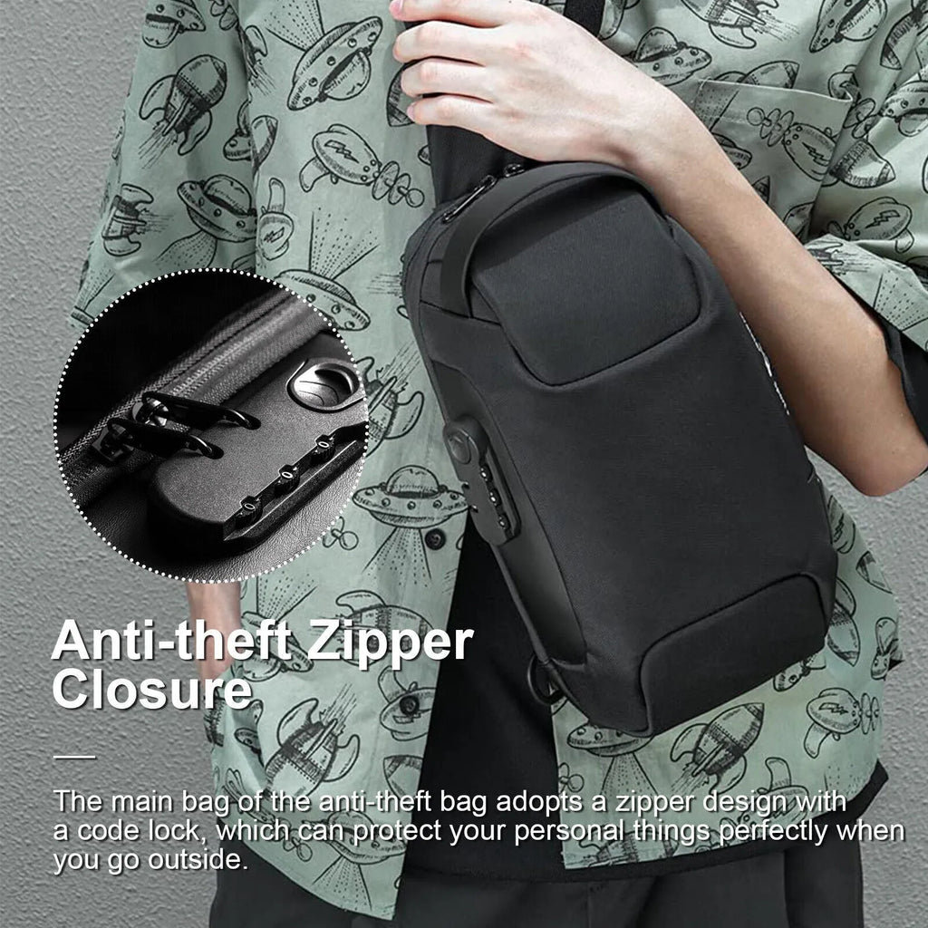 Men's waterproof Oxford crossbody sling bag in black with anti-theft code lock and USB port