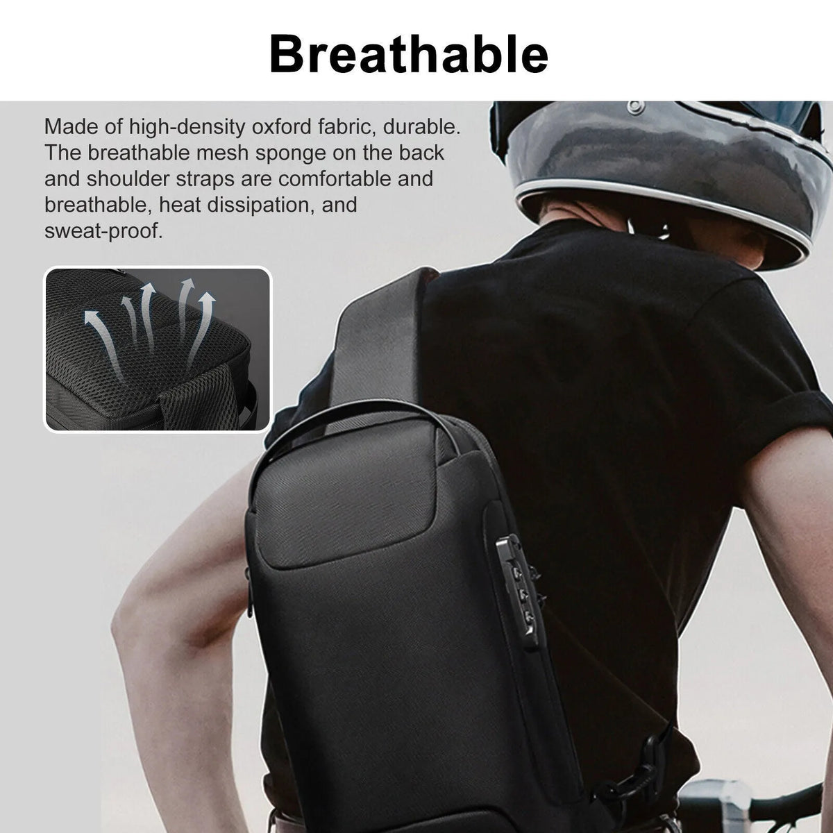 Men's waterproof Oxford crossbody sling bag in black with anti-theft code lock and USB port