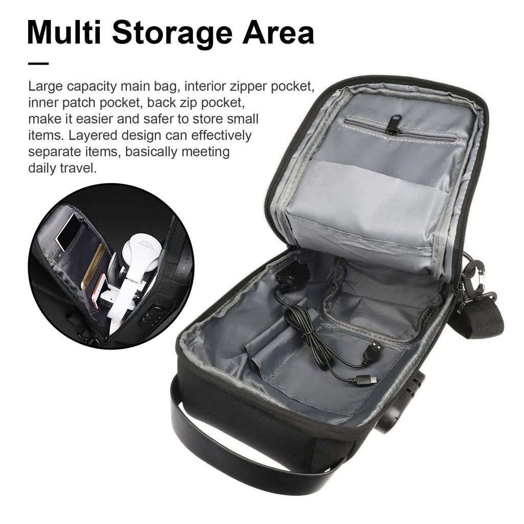 Men's waterproof Oxford crossbody sling bag in black with anti-theft code lock and USB port