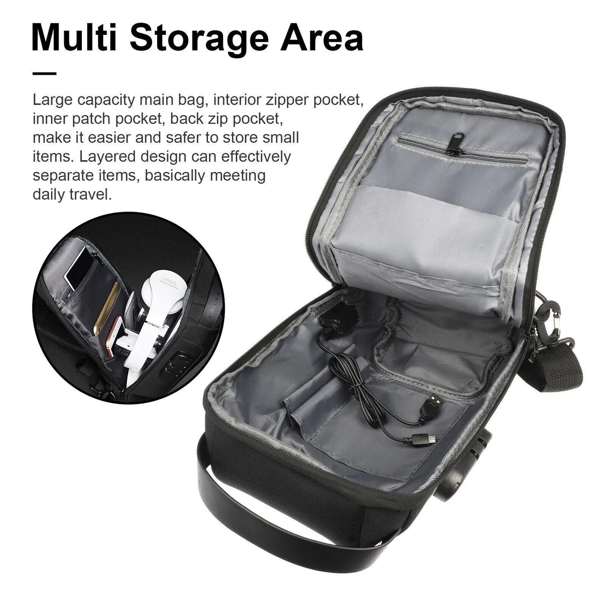 Men's waterproof Oxford crossbody sling bag in black with anti-theft code lock and USB port