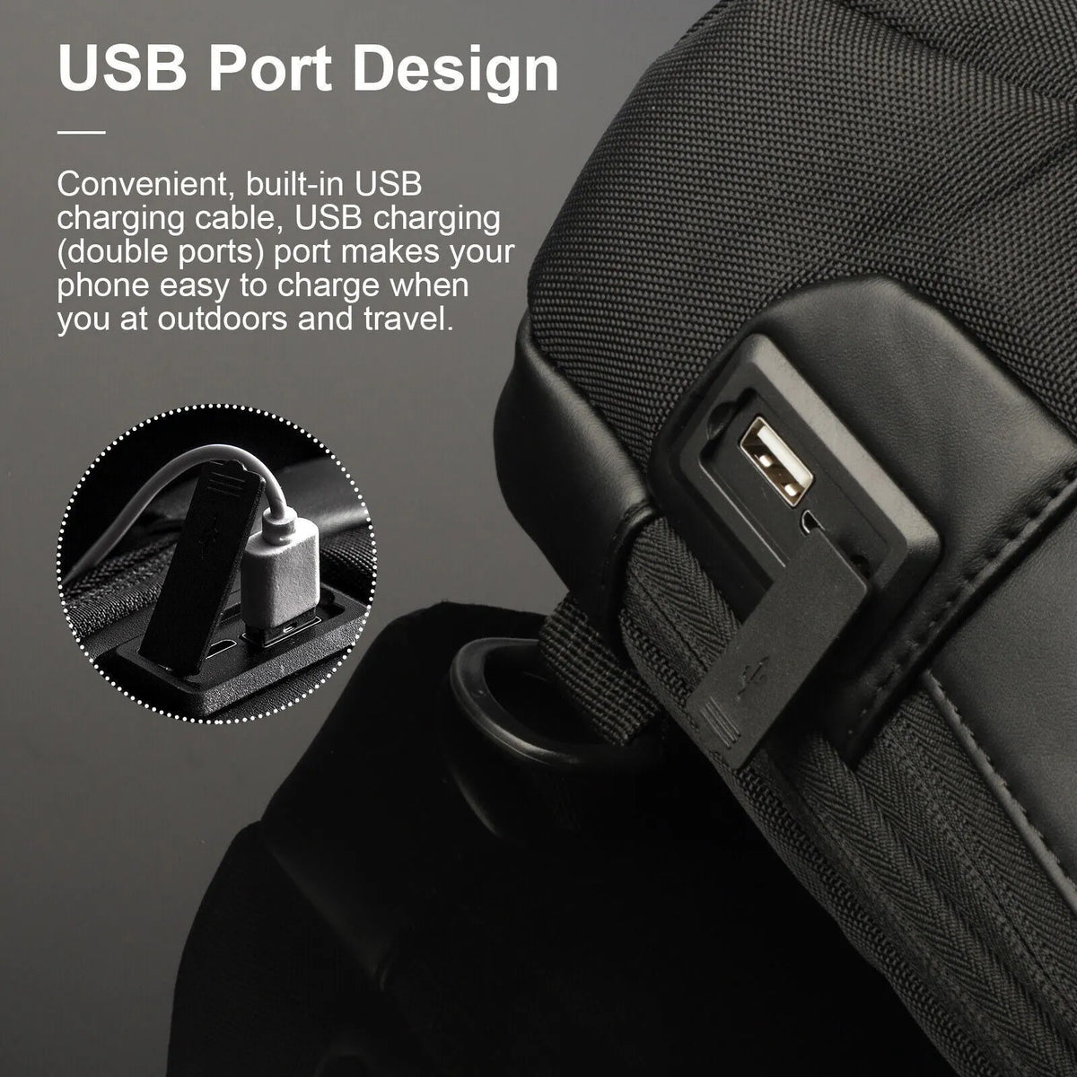 Men's waterproof Oxford crossbody sling bag in black with anti-theft code lock and USB port