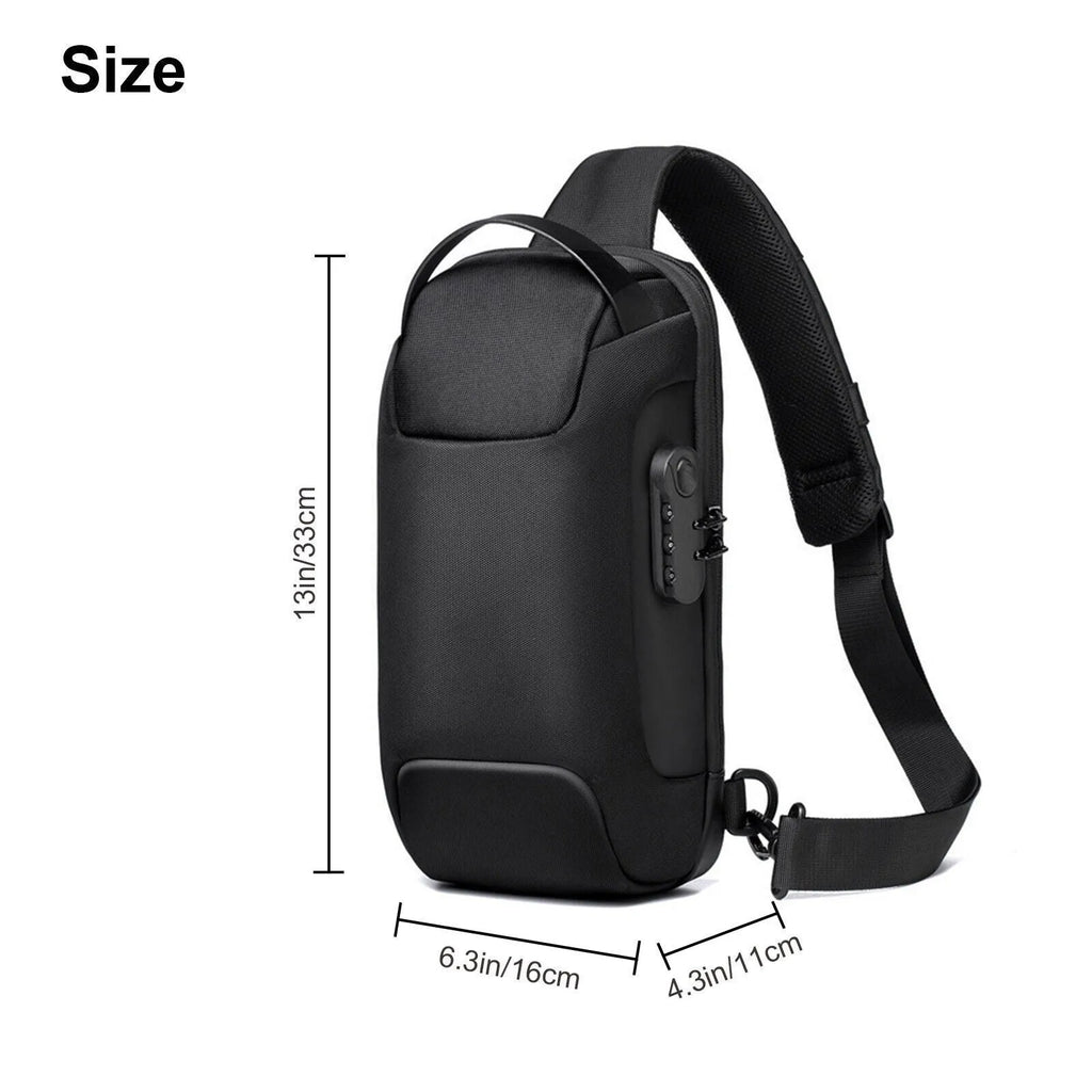 Men's waterproof Oxford crossbody sling bag in black with anti-theft code lock and USB port