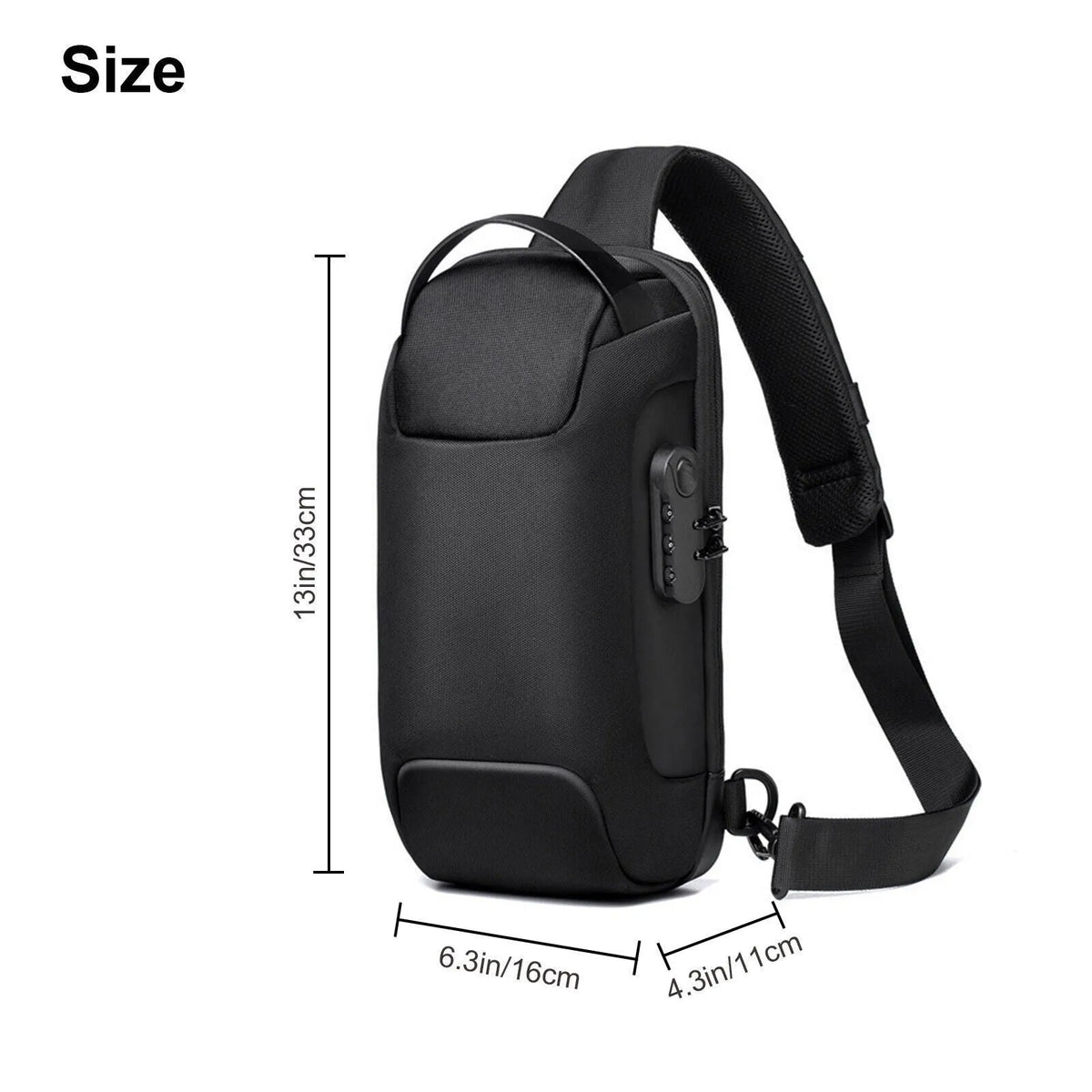 Men's waterproof Oxford crossbody sling bag in black with anti-theft code lock and USB port