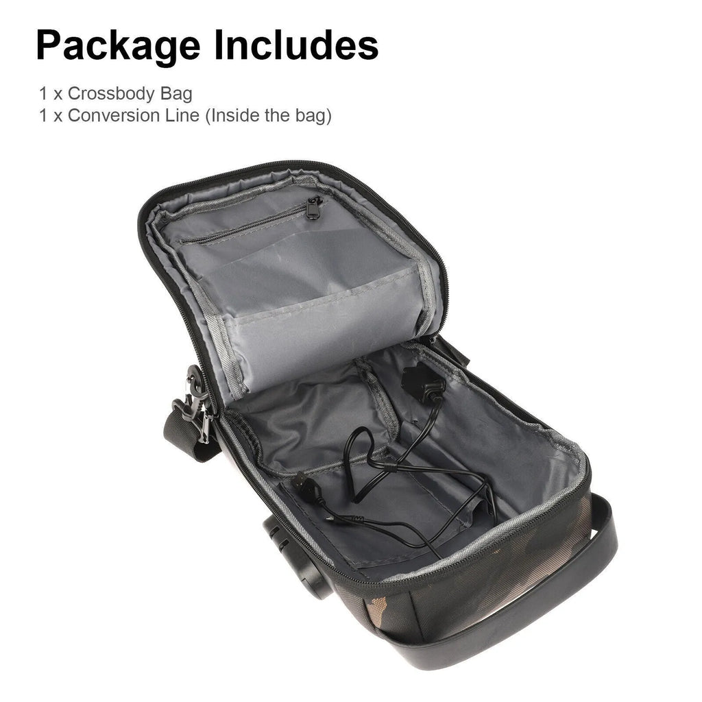 Men's waterproof Oxford crossbody sling bag in black with anti-theft code lock and USB port