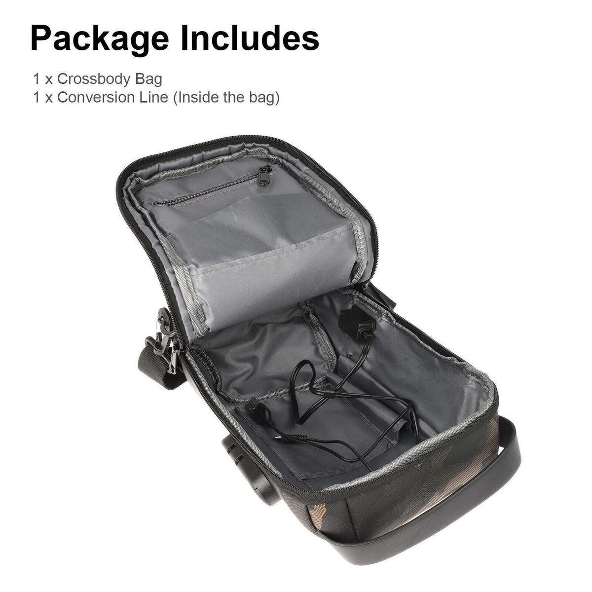 Men's waterproof Oxford crossbody sling bag in black with anti-theft code lock and USB port
