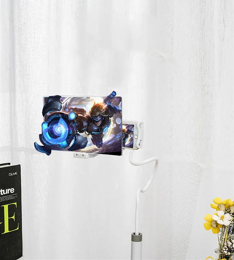 Black 12-inch mobile phone screen amplifier with adjustable bracket showing acrylic blue lens display