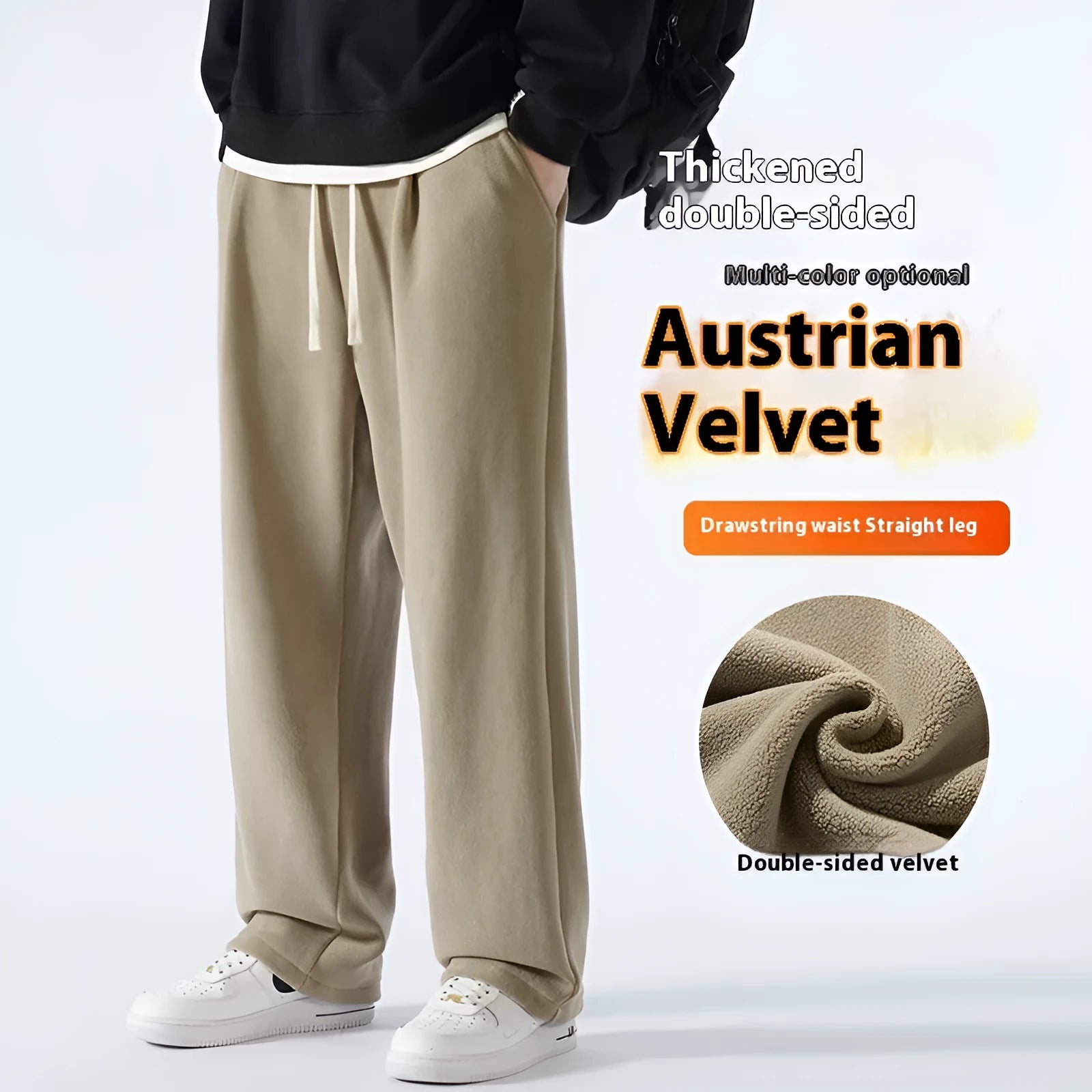 Men's double-sided polar fleece trousers in apricot colour with wool lining and drawstring waist