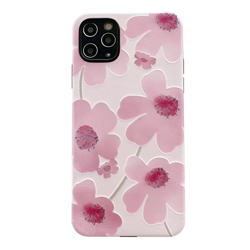 Pink soft rubber iPhone case with Japanese-Korean design showing lanyard hole