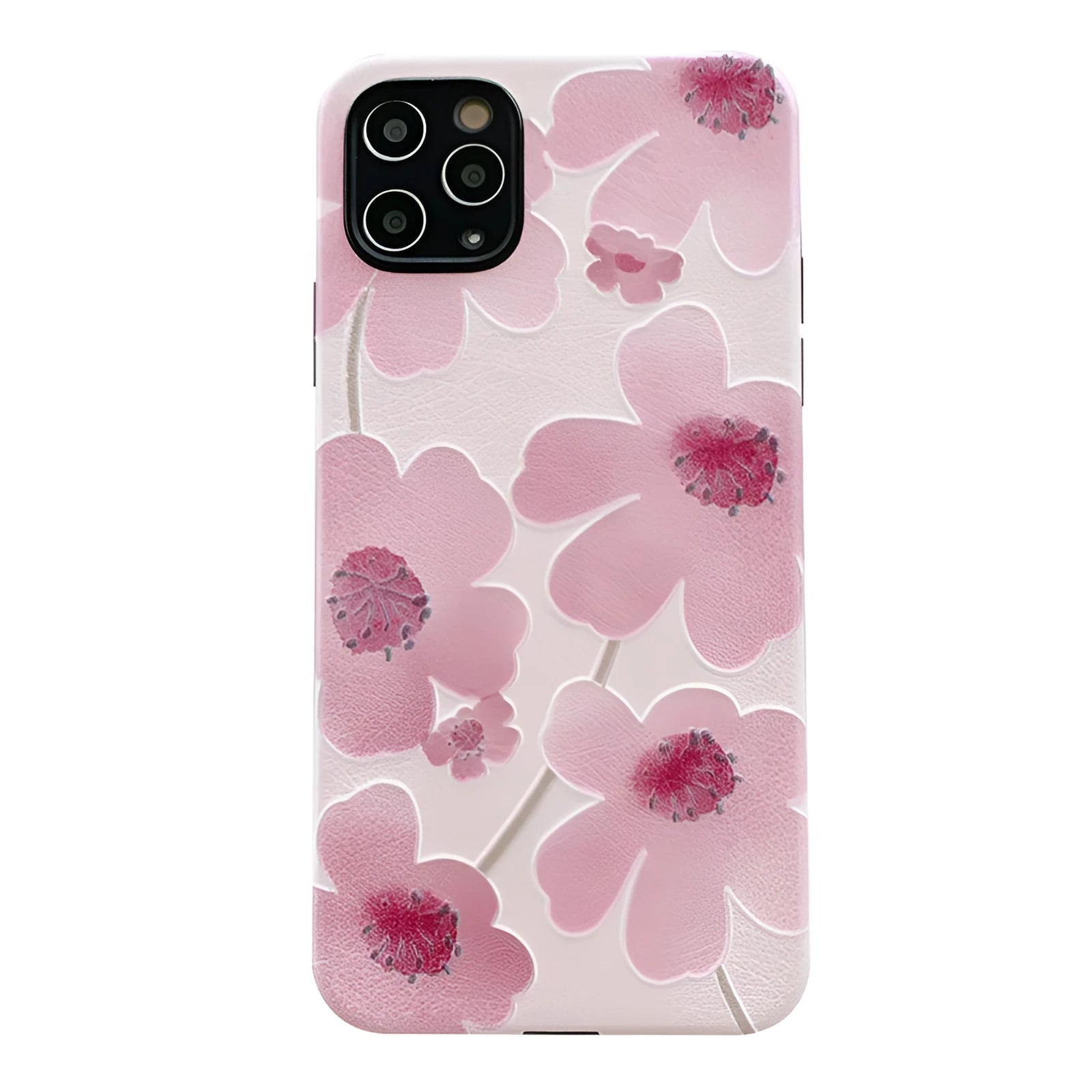 Pink soft rubber iPhone case with Japanese-Korean design showing lanyard hole