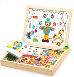 Wooden magnetic puzzle board with animal and vehicle pieces on drawing surface