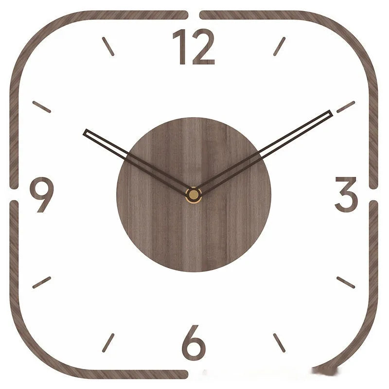 Modern transparent wooden wall clock showing both framed and frameless 35x35cm square designs