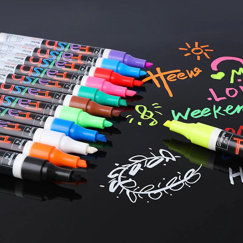 8-colour and 12-colour electronic fluorescent board highlighter pen with 6mm oblique tip on a card.
