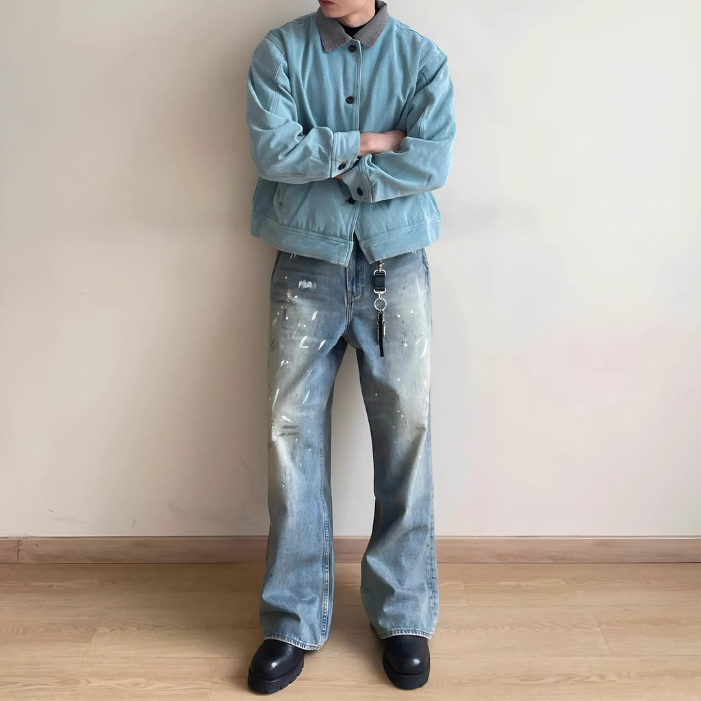 Ice Blue splash ink distressed straight leg cotton denim jeans with zip fly