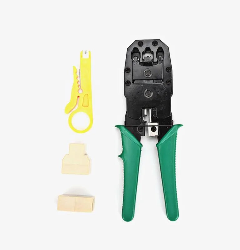 Network toolkit combination set in tool bag with crimping pliers, tester, knives, screwdrivers and RJ45 crystal heads