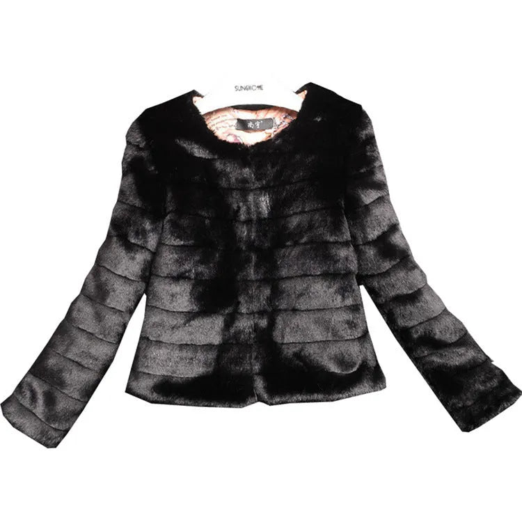 Women's short-length faux fur top in beige, black, or white with regular sleeves.