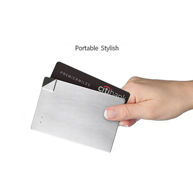 Silver graphene power bank showing slim 4mm profile with Apple and Android compatibility