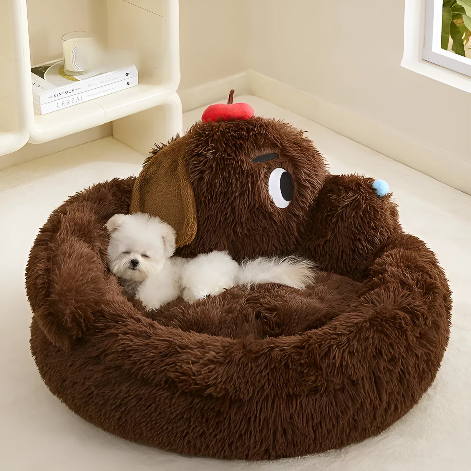 Grey faux fur pet sofa bed with plush bolsters and a removable cushion for dogs and cats.